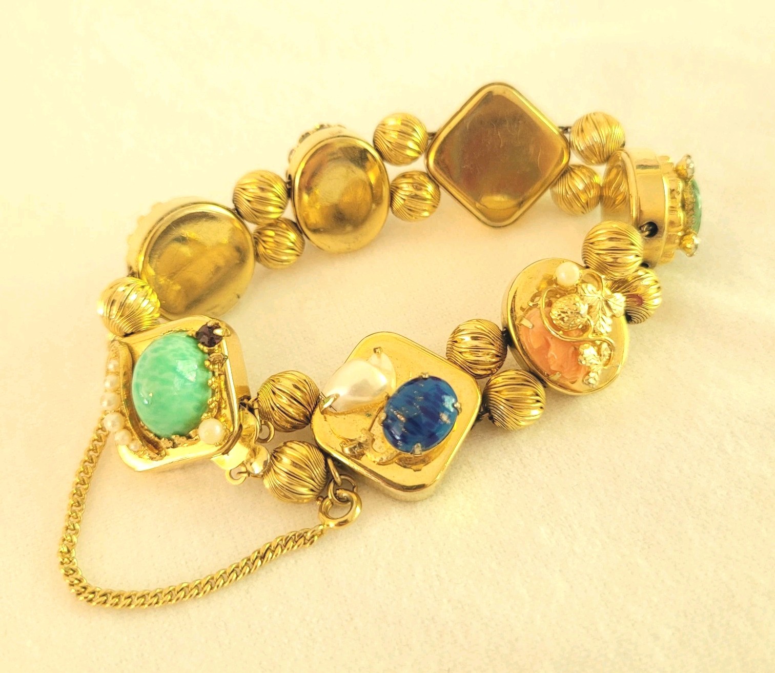 Vtg Victorian Revival Slide Charm Bracelet Signed Safety Chain Cameo 6.5