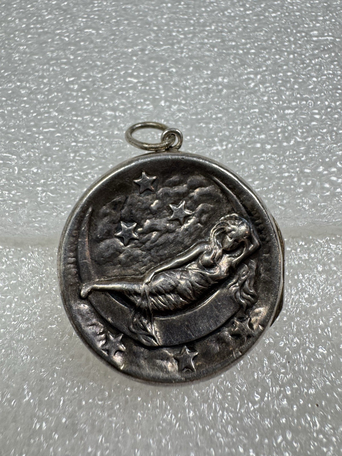 Antique Sterling Silver Art Nouveau Repousse Lady Crescent Moon & Stars Locket