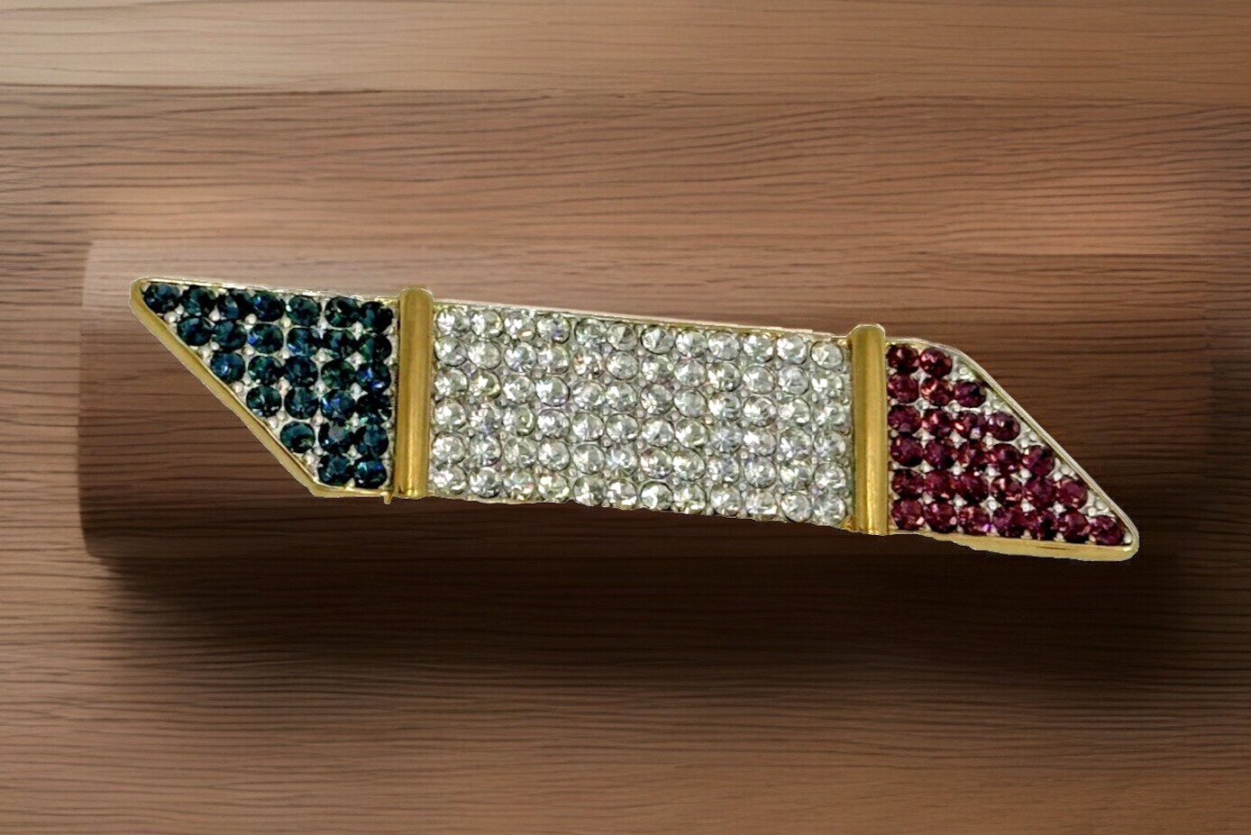 Monet Pin Brooch Red White and Blue Rhinestones Gold Tone Patriotic 3″ Wide