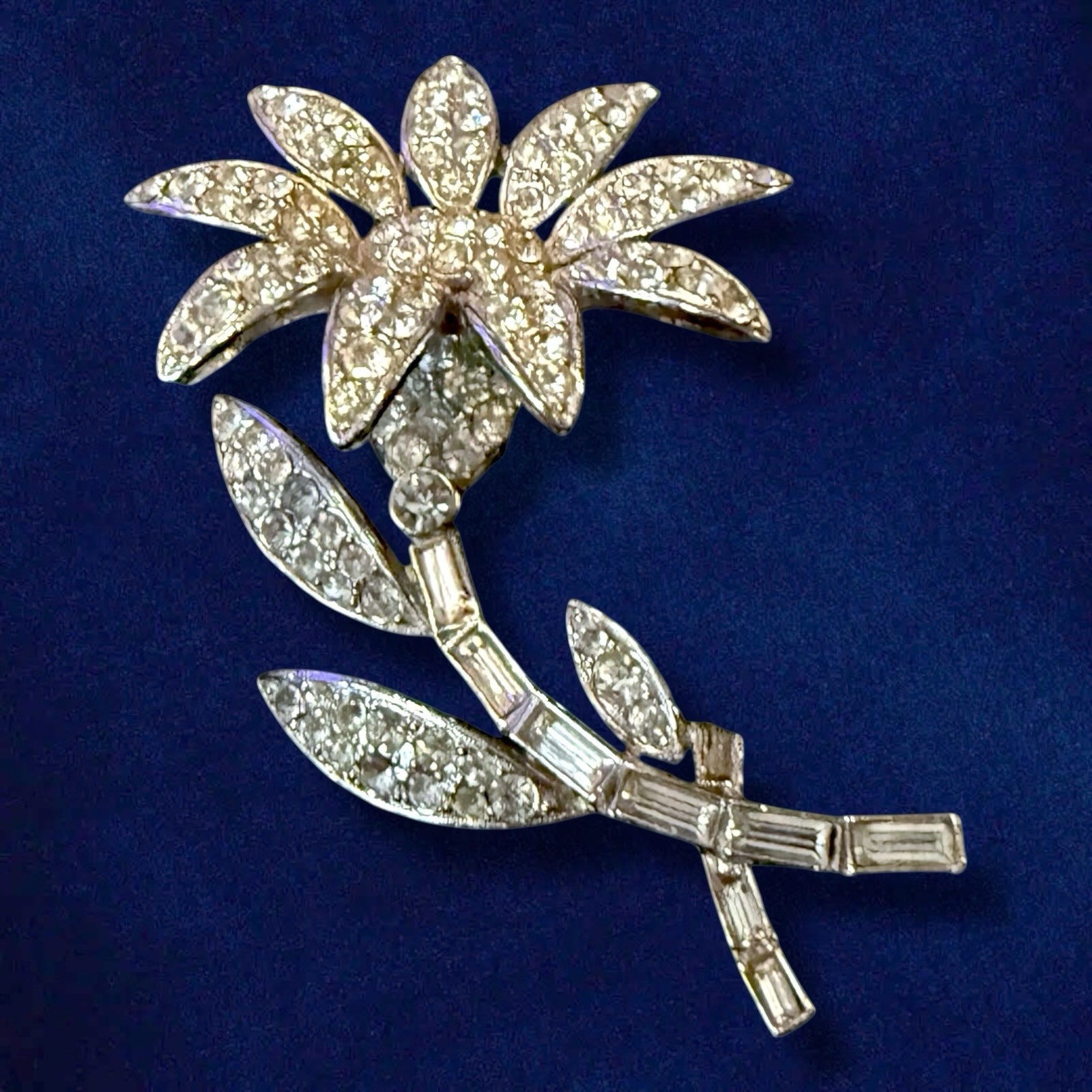 Rhinestone Flower Brooch Signed ORA Rhodium 1940s Large Vintage Pin 3 Inch