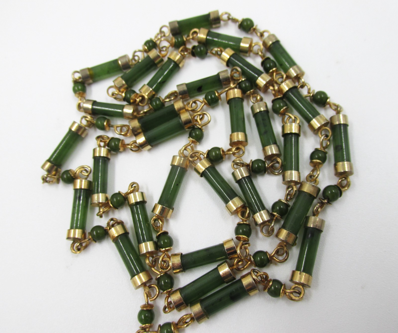 Jade Chinese Export Bamboo Cylinder Station Necklace Gold Plated 36″ Vintage