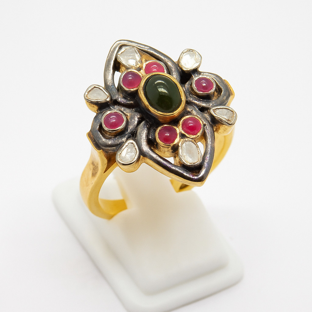 Natural Tourmaline Diamond Polki Ring, 925 Sterling Silver Victorian Jewelry