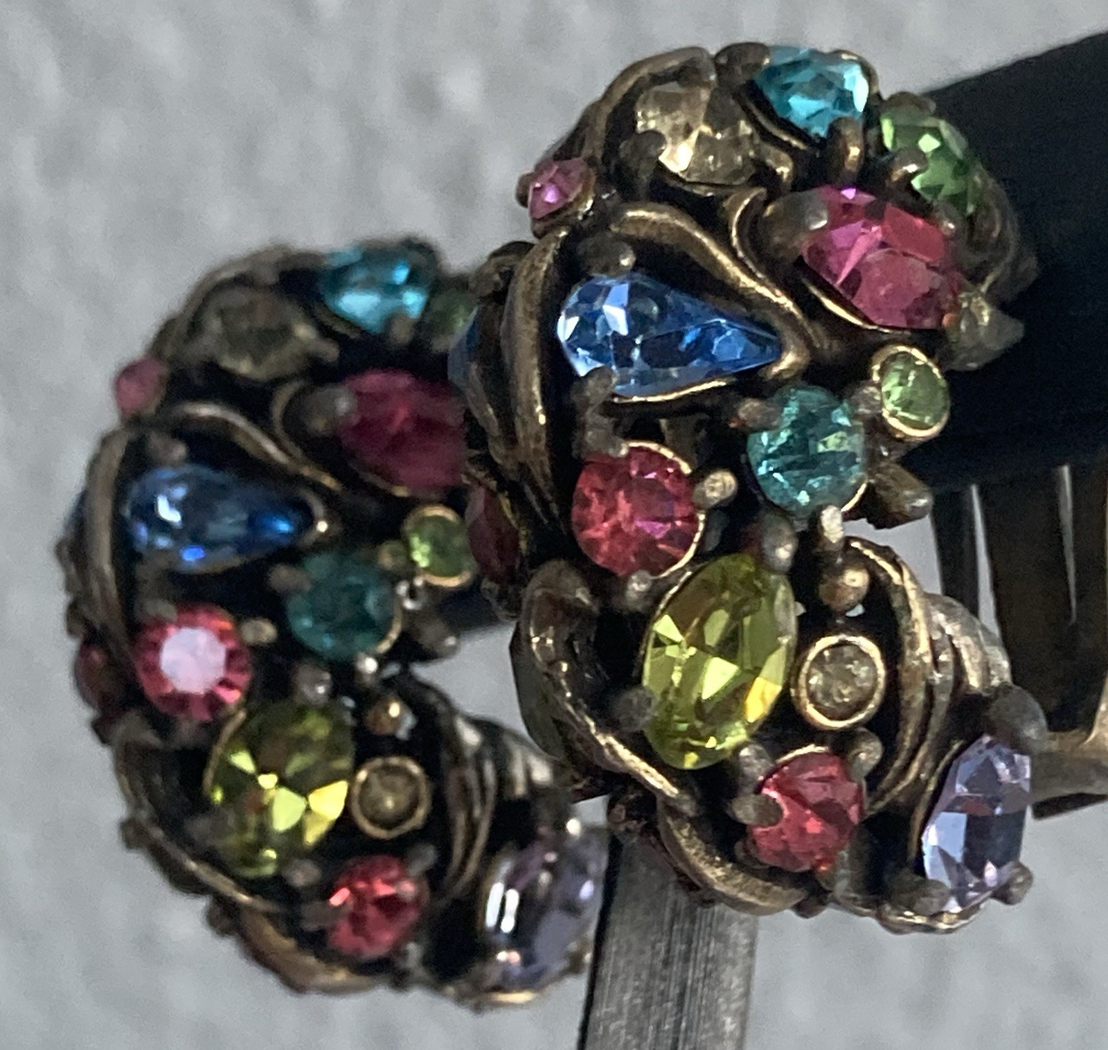Vintage Hollycraft Clip On Earrings Rhinestones Fruit Salad half Hoop MISSING 1