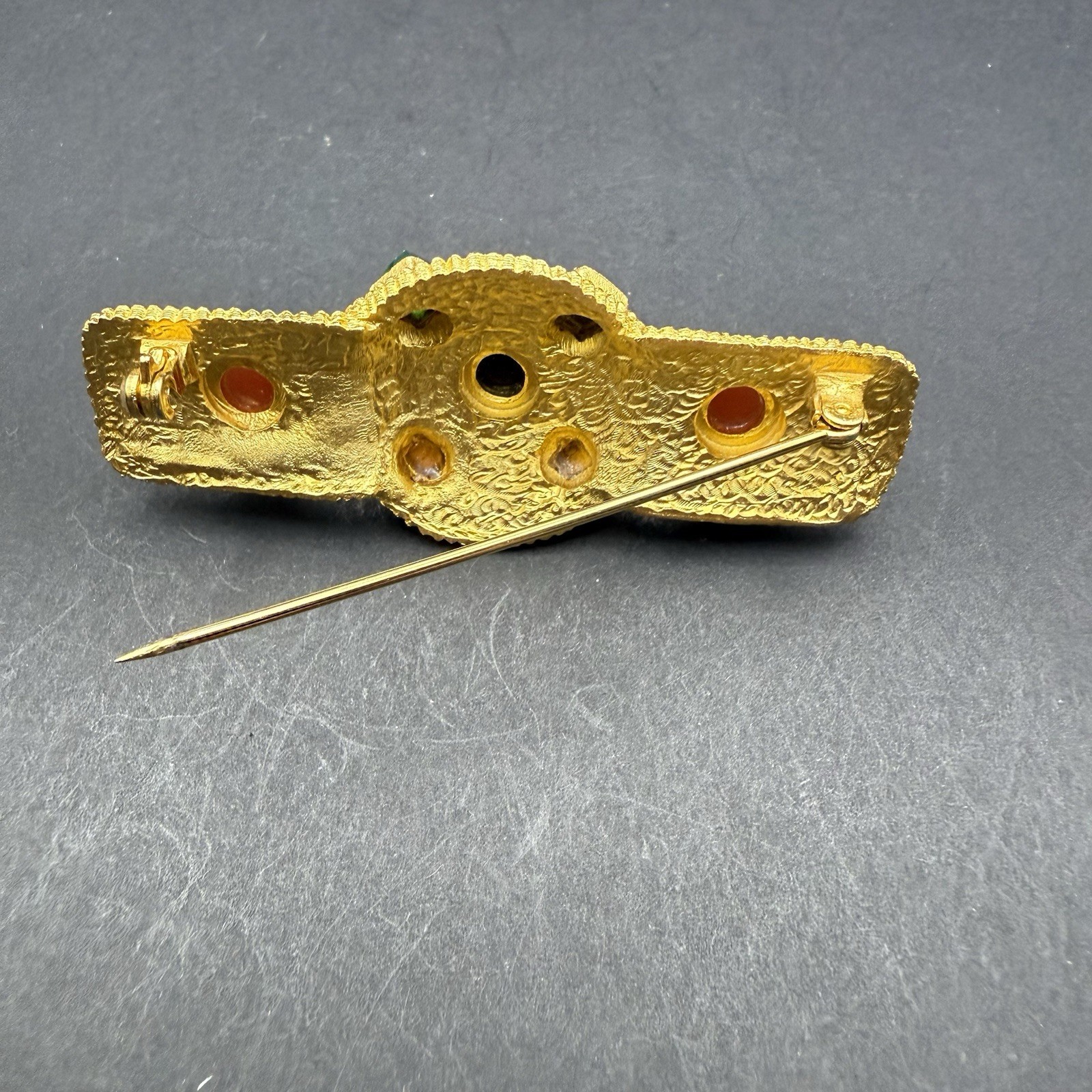 Vintage Gold Tone Multi-Color Cabochon & Faceted Glass Bar Brooch 2.5” Statement