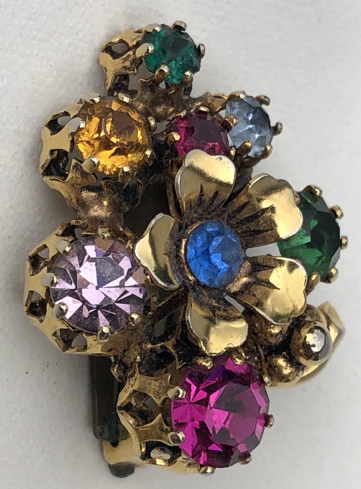 Vintage Austria Multi Color Rhinestones Flower Brooch & Clip Earrings Set
