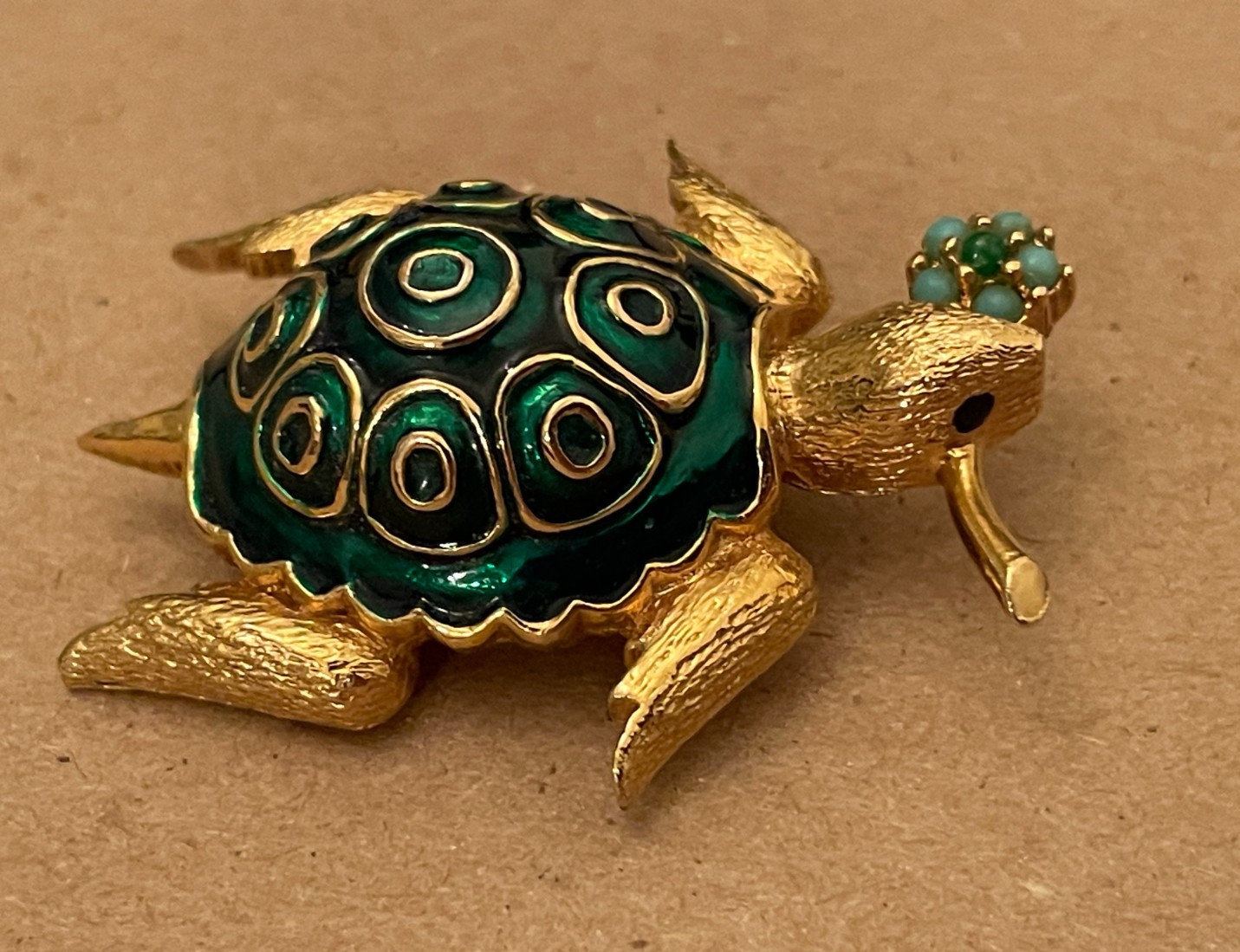 Vintage Jomaz Green Enamel Figural Turtle Brooch, Excellent Condition, signed