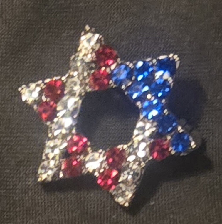 Vintage 80s Patriotic Jewish Star Multicolor Rhinestone Crystal Brooch Jewelry
