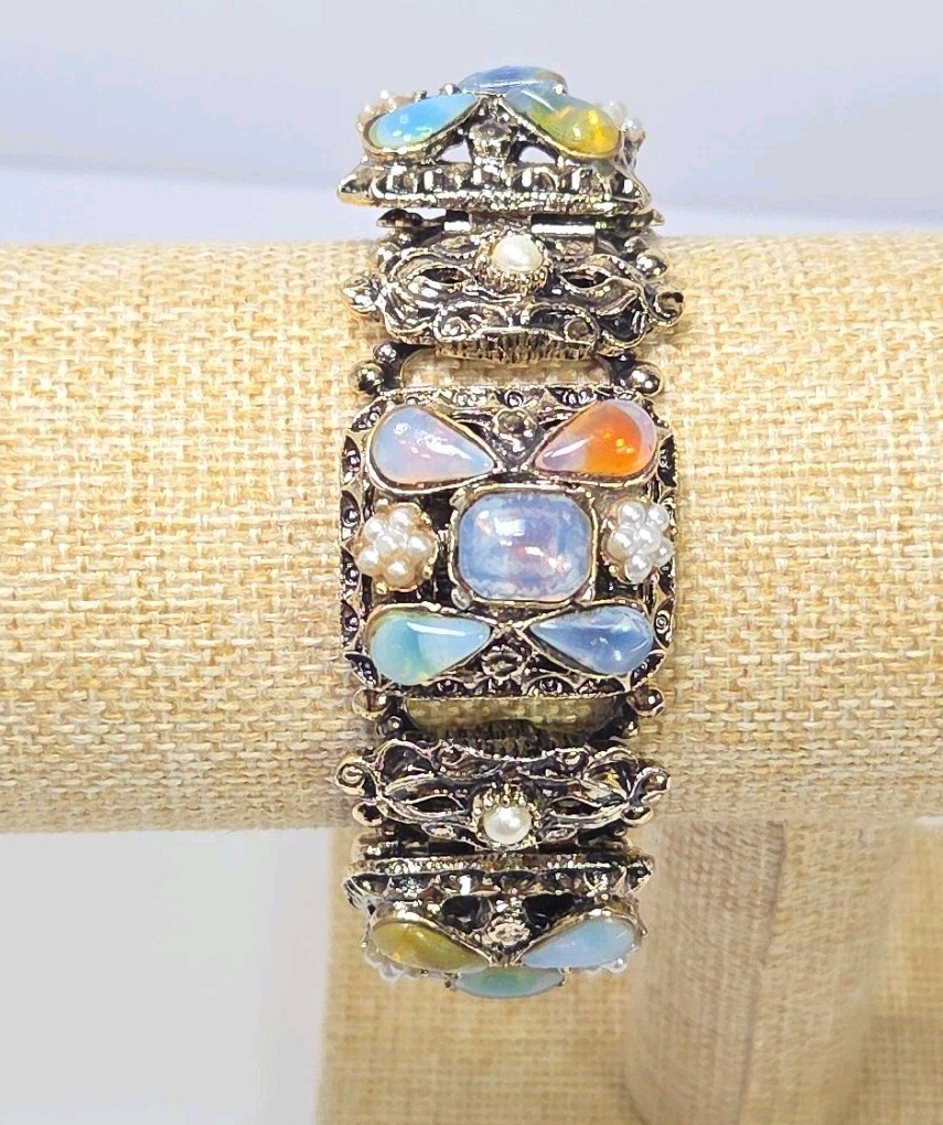 Vintage Victorian Revival Opaline Glass Faux Pearl Book Chain Bracelet