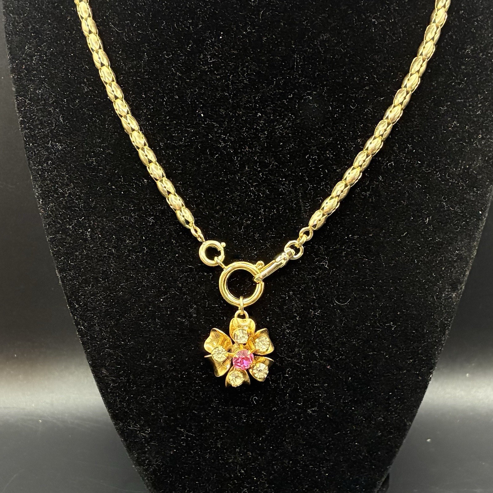 Vintage 12k Gold Filled Pocket Watch Sugar-Puff Link Chain FOB Dog Clip,Pink Gem