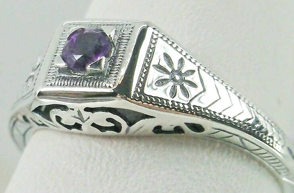 NATURAL Amethyst Ring, Art Deco Wedding Revival Jewelry (Custom-Made) US SELLER