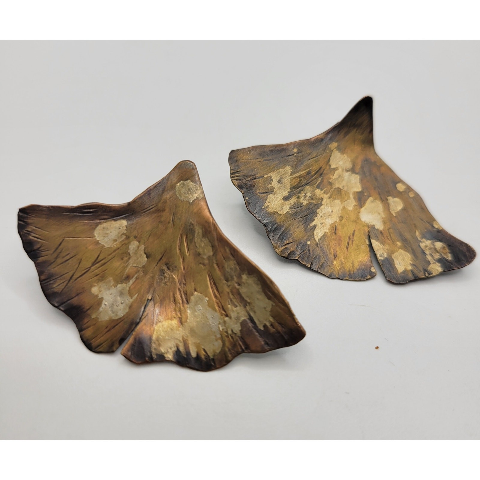 Brutalist Ginkgo Leaf Brooch Earrings Set Artisan Handmade Patina Huge Leaves