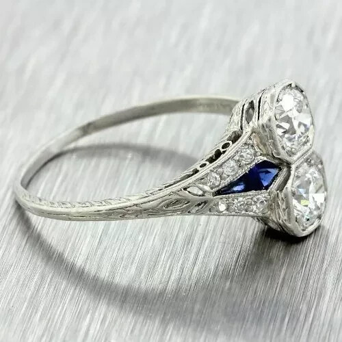 Art Deco Round Cut Lab Created Diamond Sapphire 14Ct White Gold FN Wedding Ring