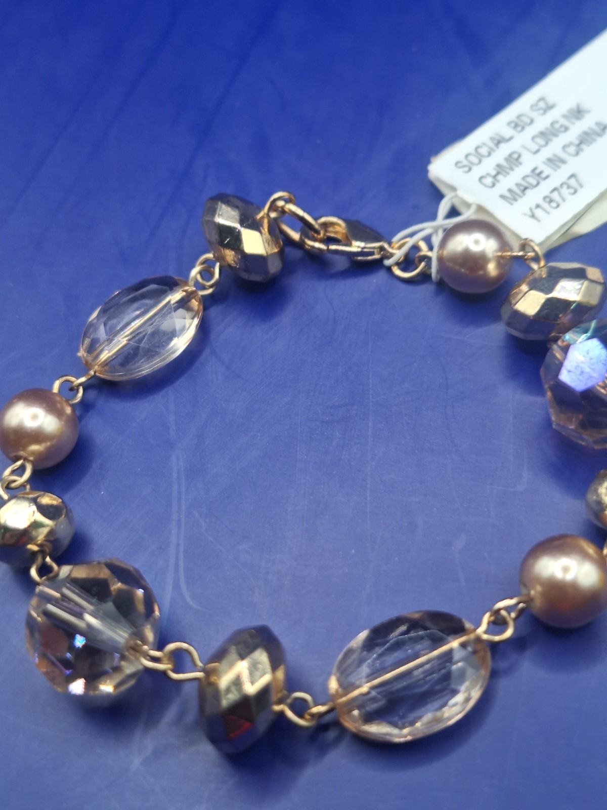 Vtg Luminous Beaded Bracelet, Gold Toned, Faceted And Clear Beads Lobster Clasp