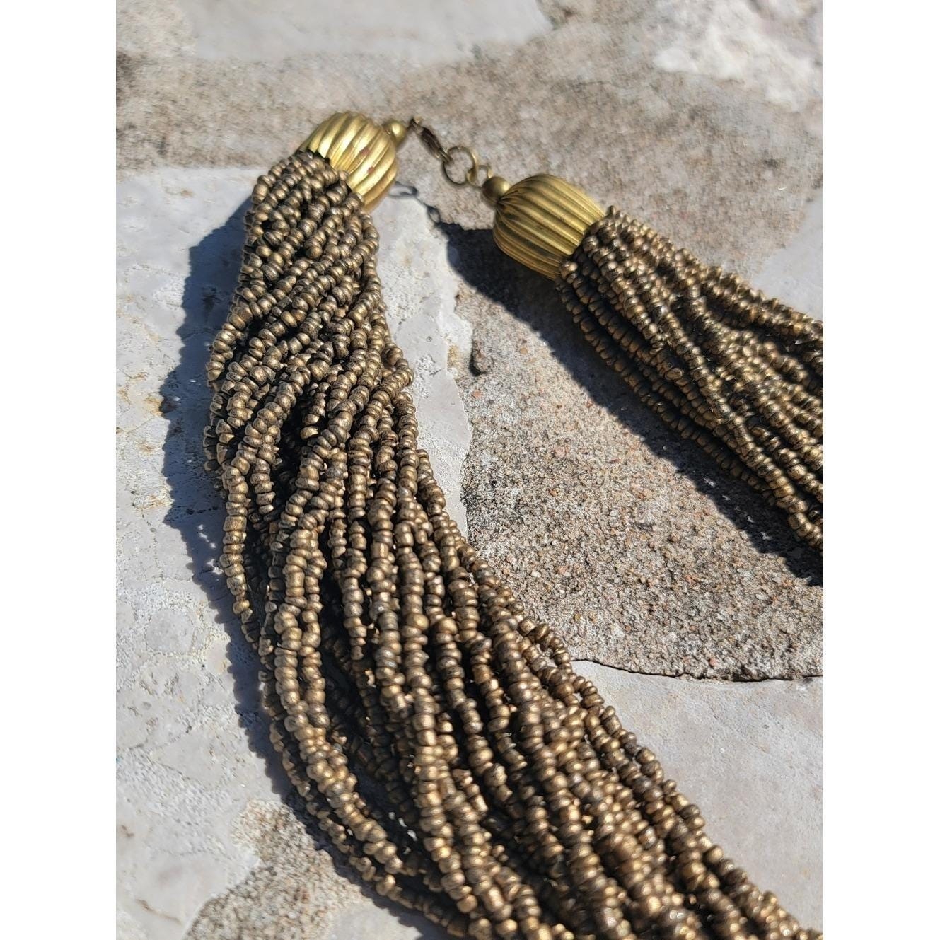 Vintage Bronze Gold Multi Strand Seed Bead Necklace Boho Statement Unsigned