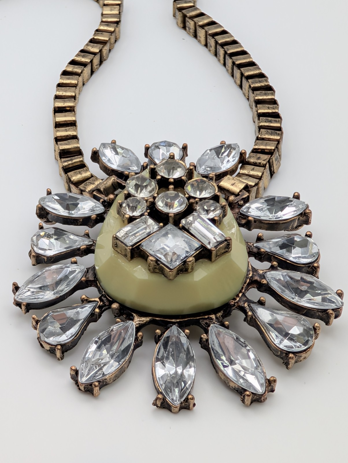 Vintage Statement Necklace Clear Rhinestones Antique Gold Tone Large Pendant