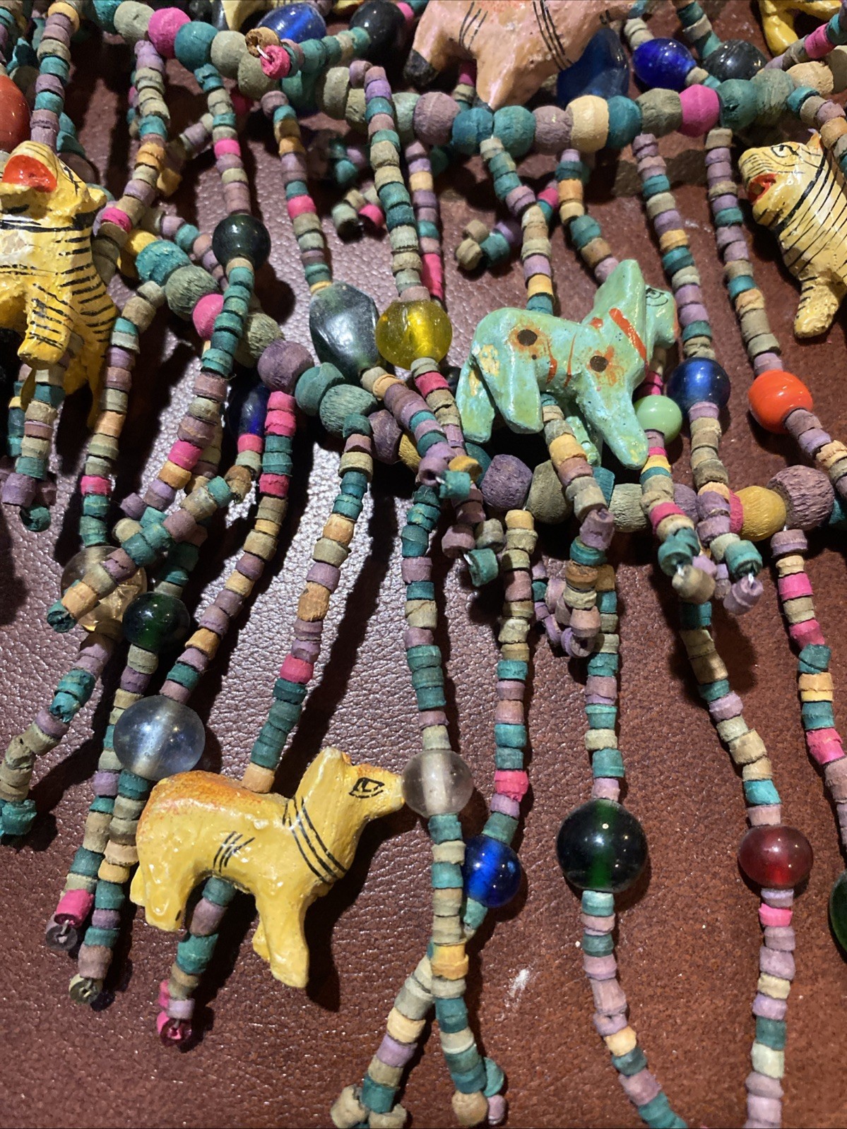BOHO African Multi Strand Statement Necklace Wooden Carved Animals Fringe Beads