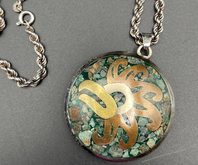 Taxco Mexico 925 Silver, Copper, Turquoise Inlay Pendant With Twist Rope Chain