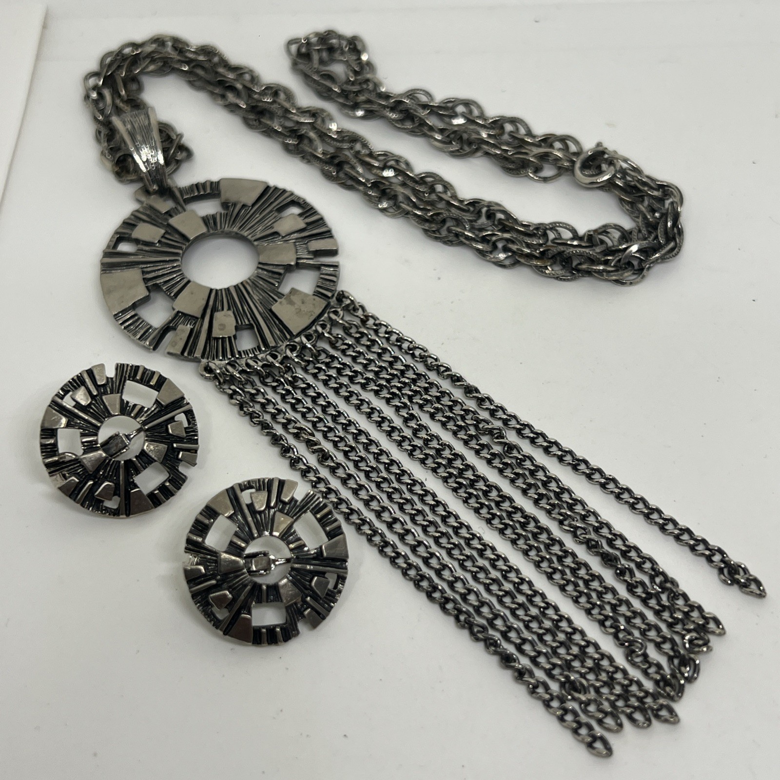 Vtg Sarah Coventry Pewter-Tone Mid-Century Modernist Style 22” Necklace Earring