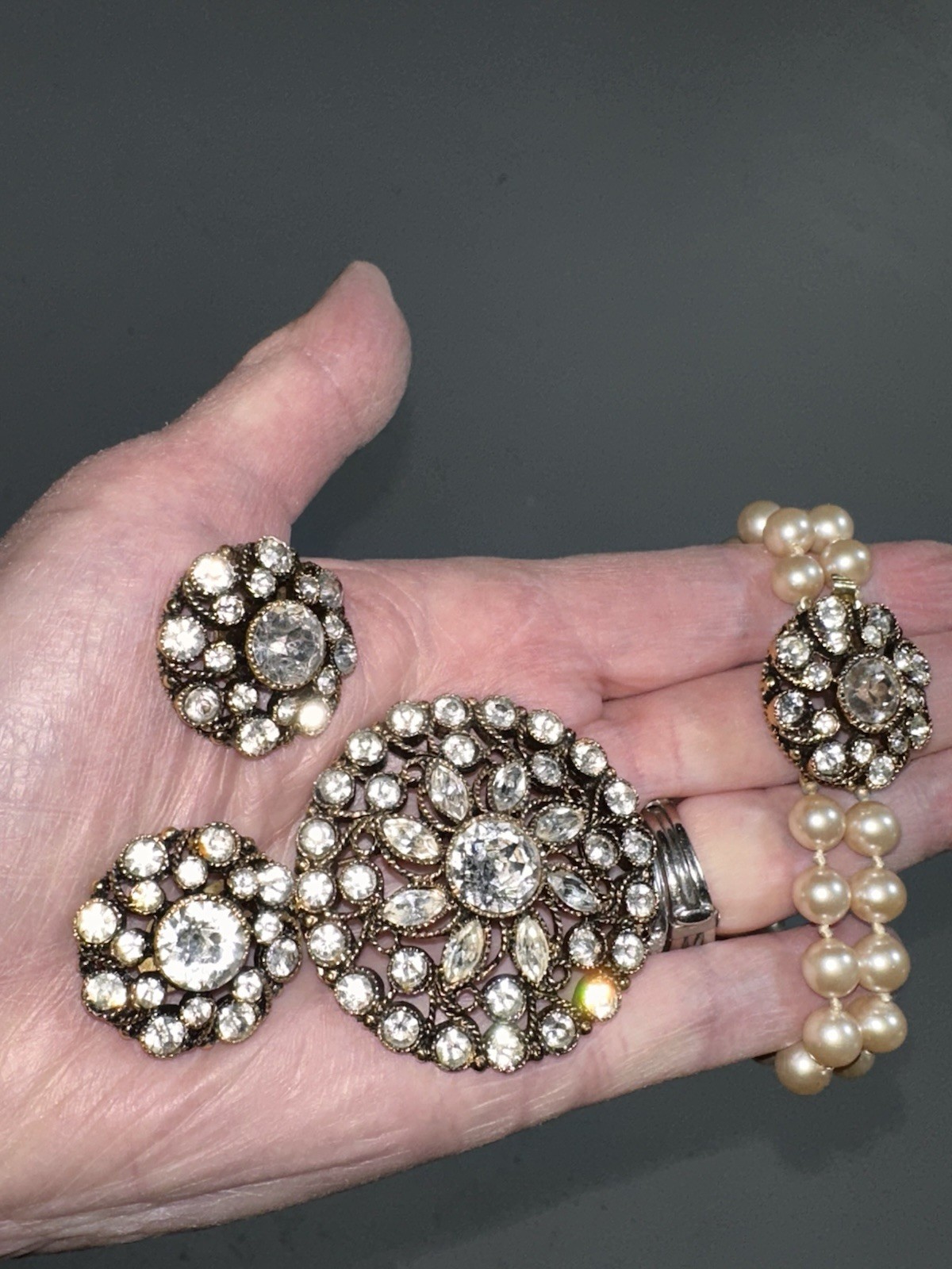 Vintage MARVELLA Parure Brooch CLIP Earrings Bracelet Rhinestones Faux Pearls