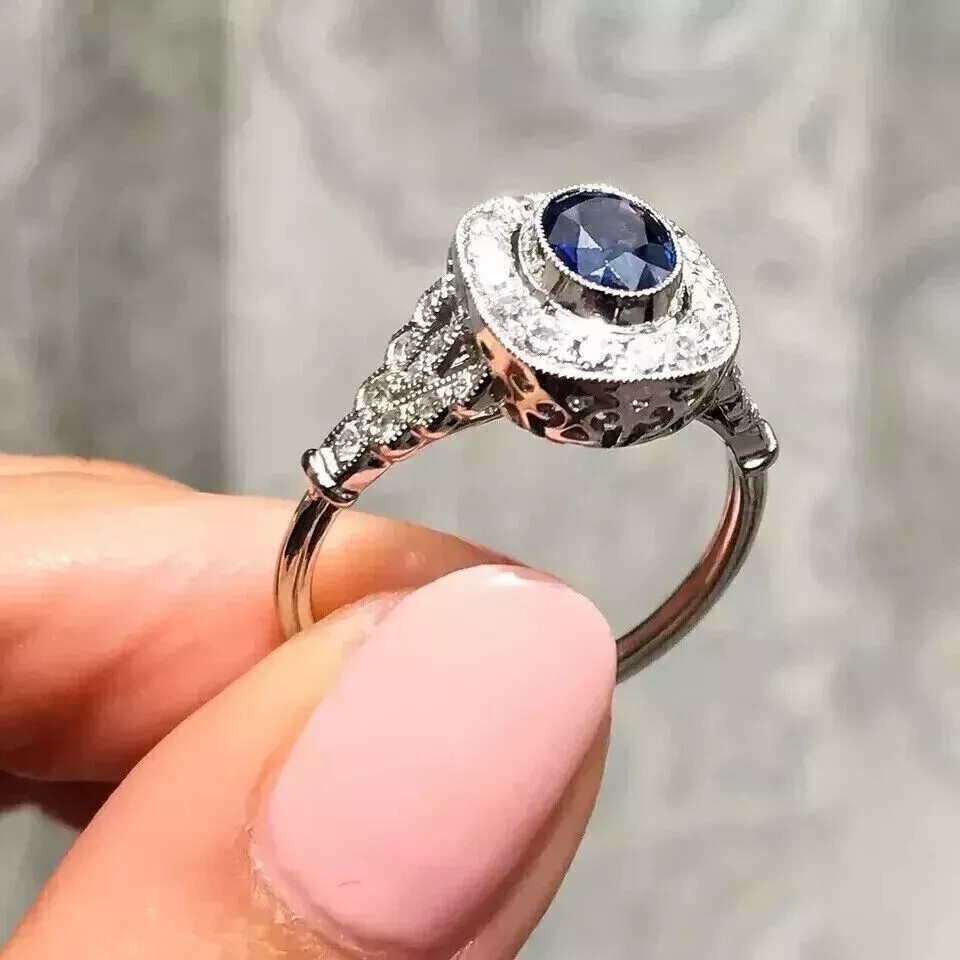 Art Deco 2.25Ct Oval Sapphire & Lab Created Diamond 925 Silver Engagement Ring
