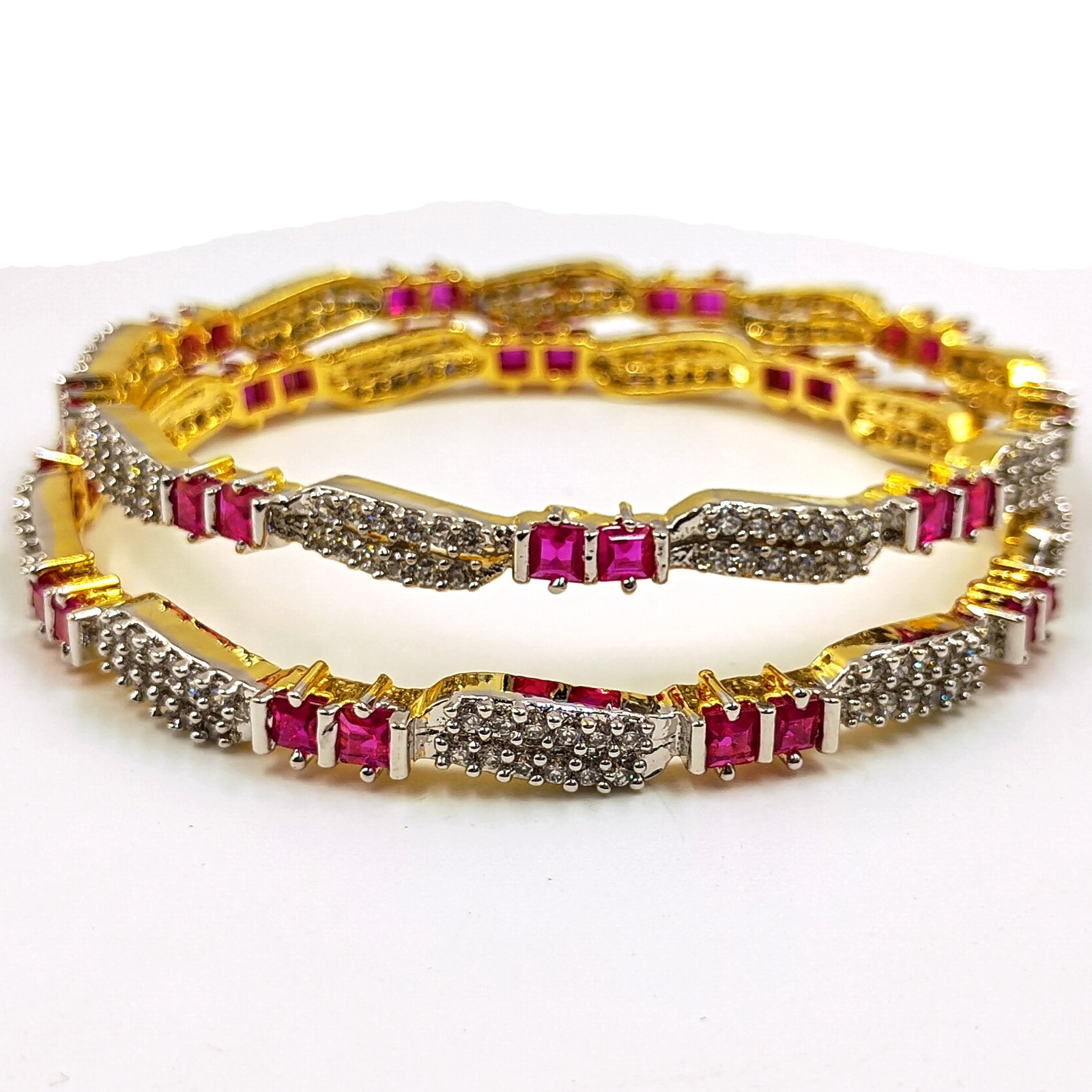 Designer Ruby & Cubic Zirconia Bangle Set Handmade 22K Gold Plated Ethnic Style