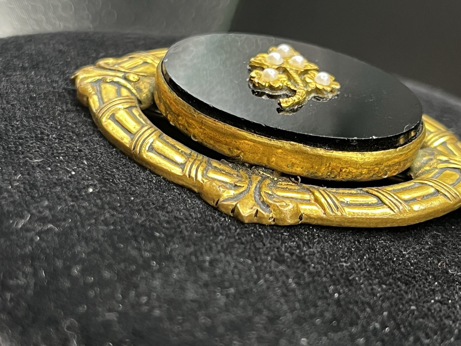 Victorian/Mourning Style VTG. Repousse Brass Black Glass Brooch Faux Pearl 2 1/8