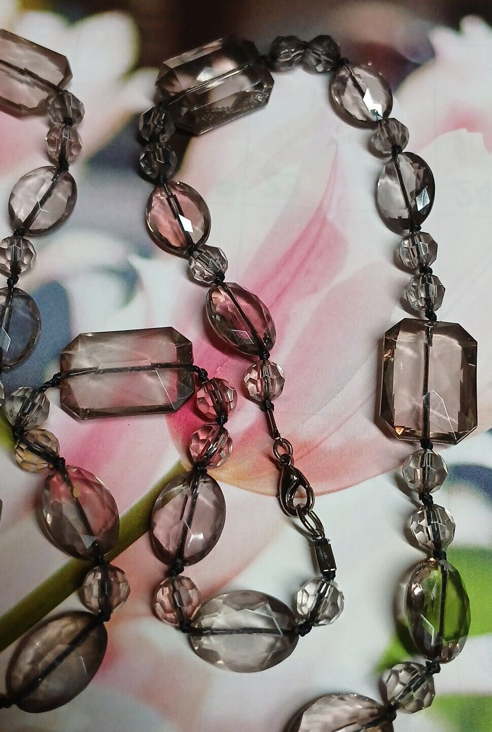 Long Light/Dusty Pink Faceted Emerald, Oval and Round Lucite Bead Necklace