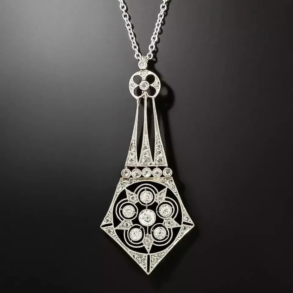 Art Deco Vintage Lab Created Diamond Women’s Pendant In 14K White Gold Plated