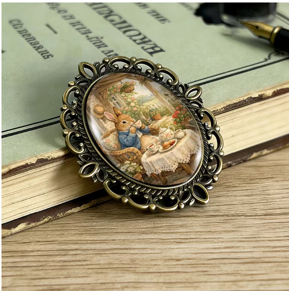 BROOCH- Rabbit’s Tea Party Brooch Oval Lace-Edged Glass Brooch