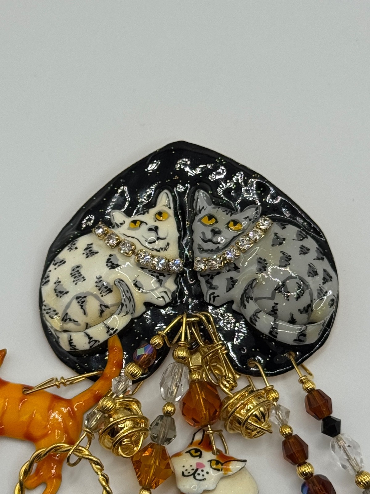 Lunch At The Ritz Cat Rhinestone Enamel Dangle Brooch