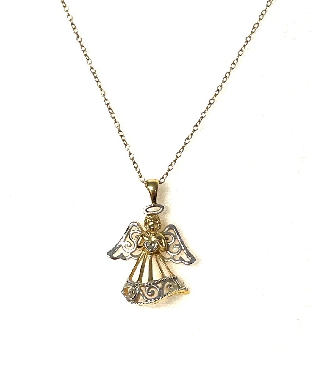 JCM Silver 925 Gold Two Tone Open Work Filigree Angel Pendant Necklace Vintage