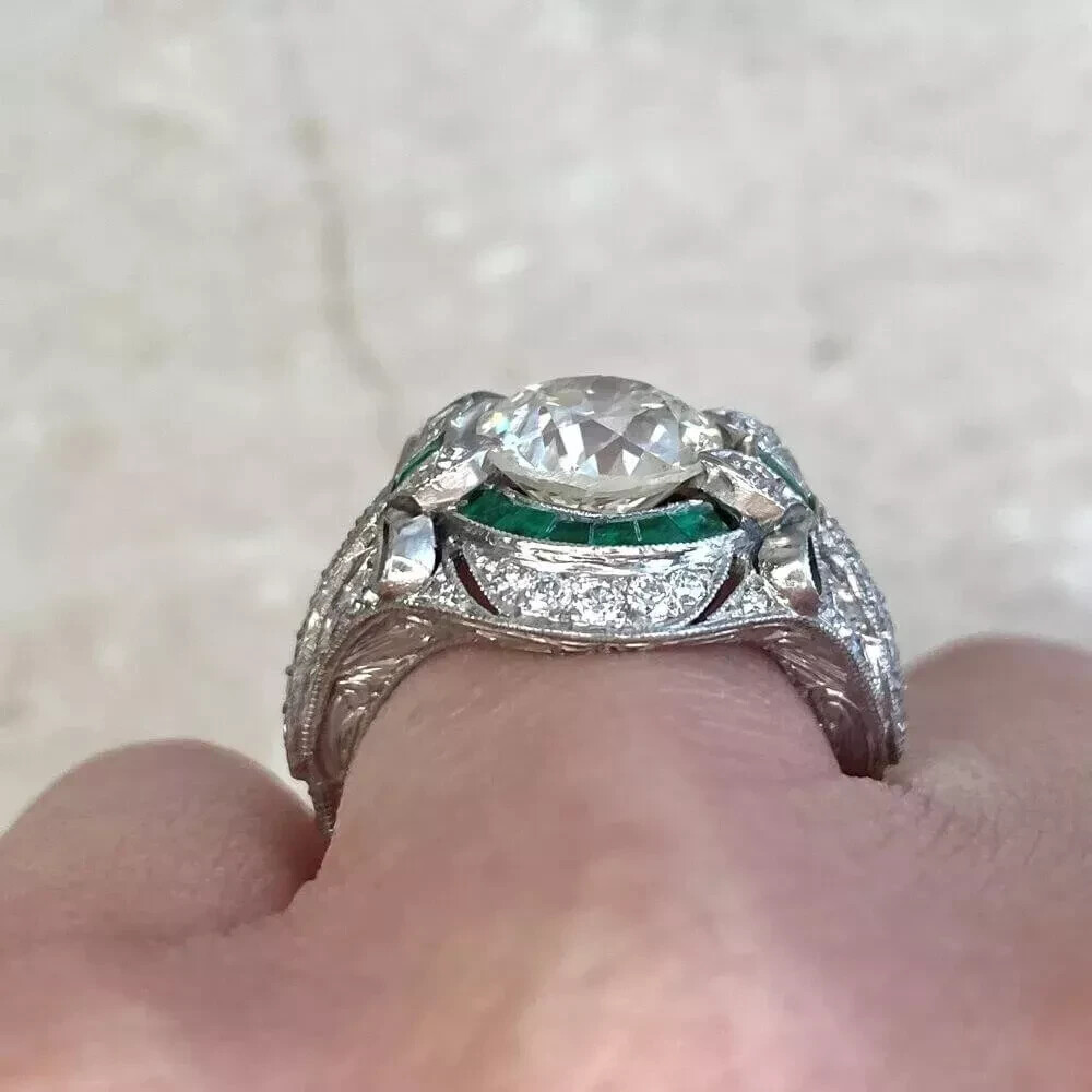 Art Deco Style Round Lab Created Diamond Emerald 14K White Gold FN Wedding Ring