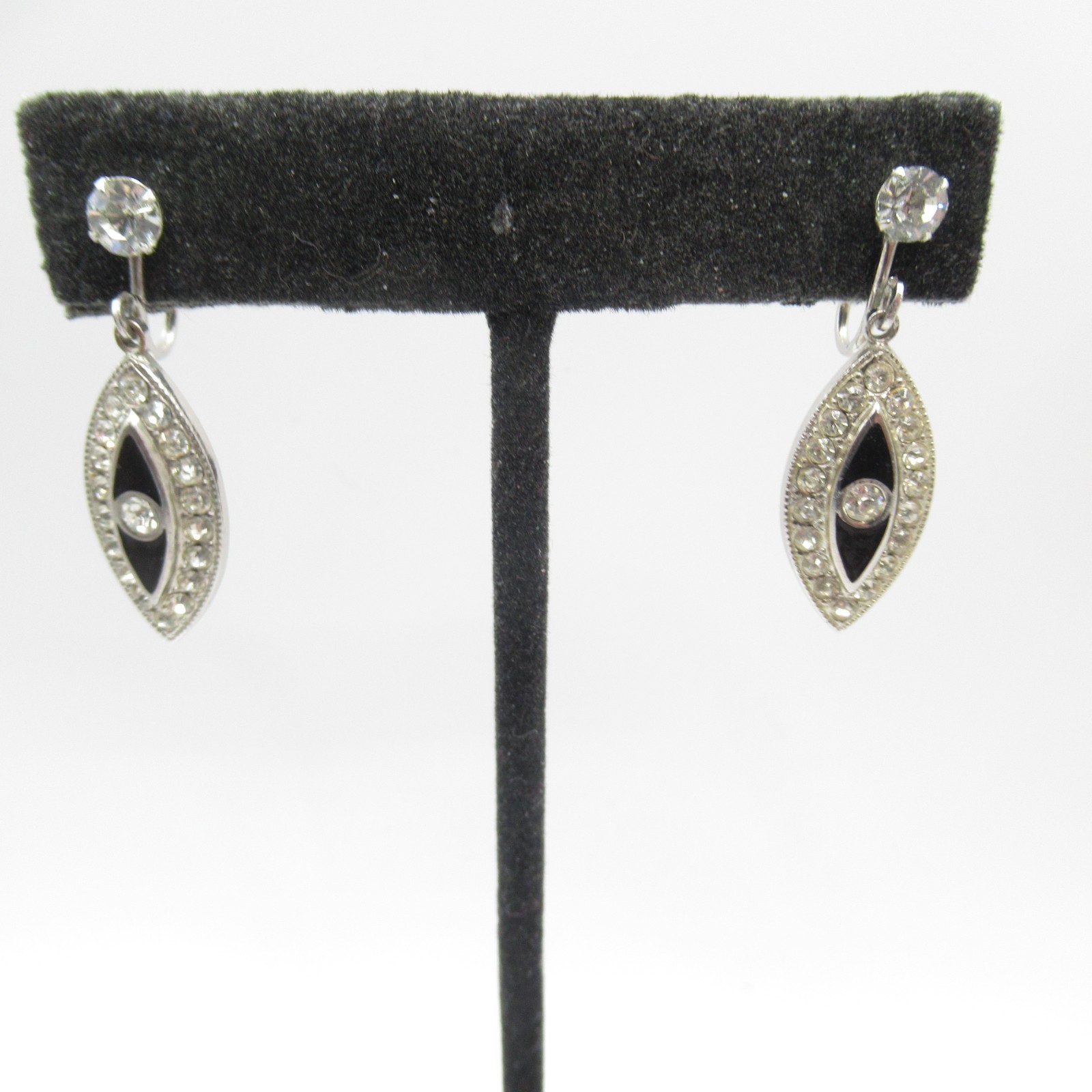 Fancy Screw Back Earrings Black Enamel Rhinestones Oval Old Fashioned