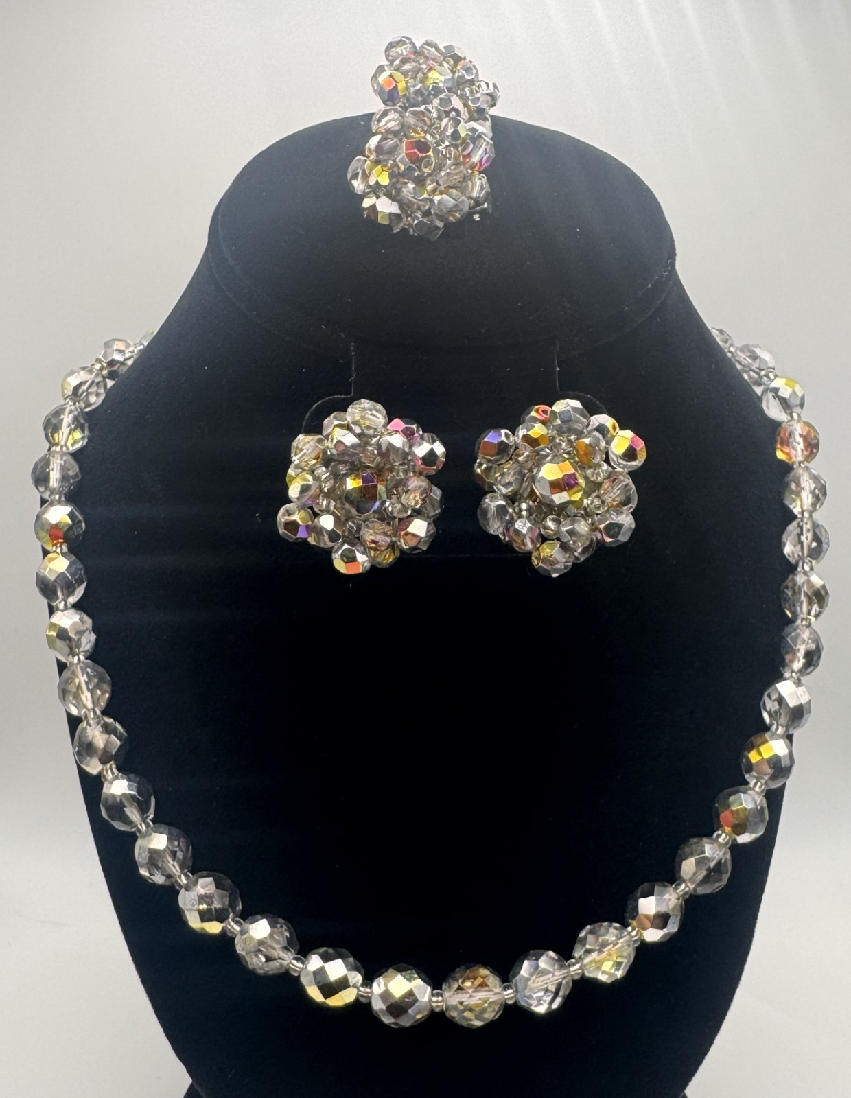 VTG AB Crystal Beaded Necklace with Clip on and Pierced Earrings Set