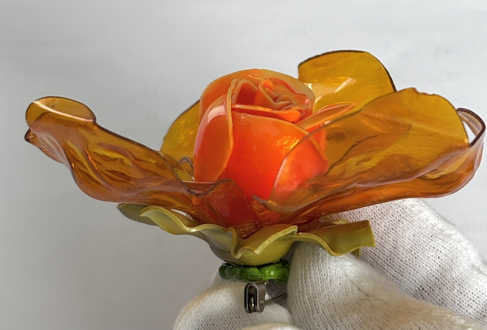 VNTG 1960’s Amber/Orange Celluloid Acetate Transparent Dimensional Flower Brooch