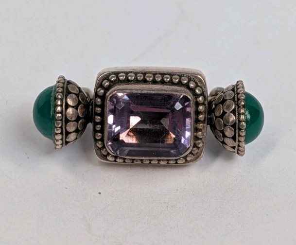 Vintage Sterling Silver 925 Green Bloodstone Amethyst Tibetan Brooch / Pin