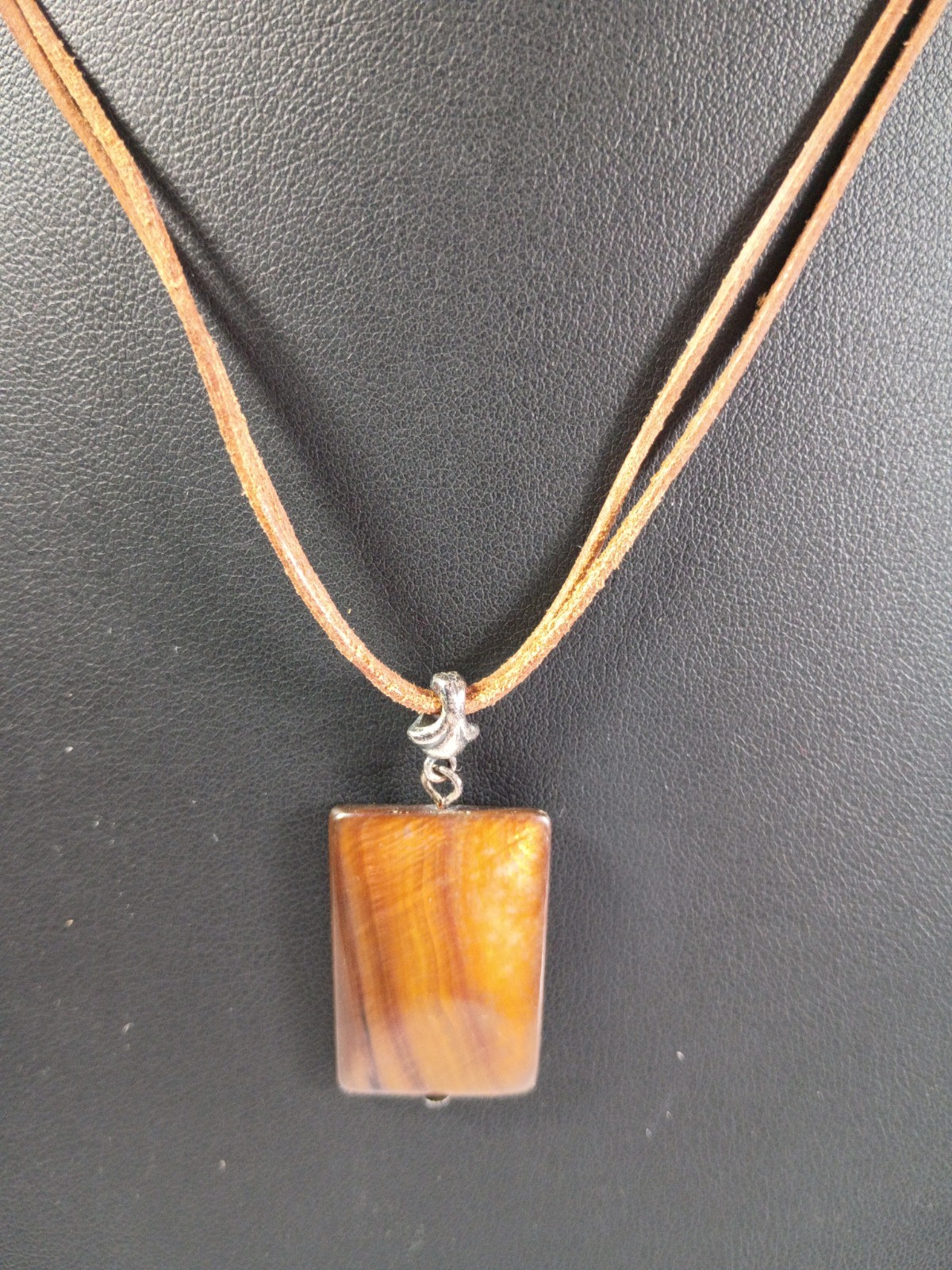 Rectangle Tiger Eye Brown Shell Penadant Necklace Brown Leather Cord 925 Silver