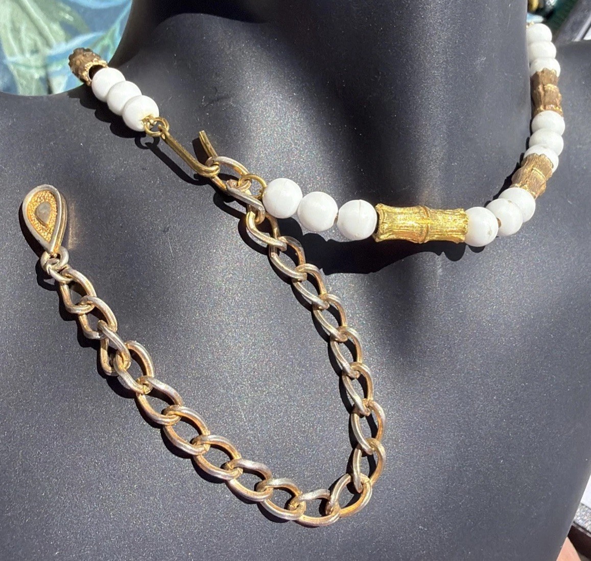 Vintage 18″ Hong Kong Goldtone Bamboo And Round White Bead Necklace Hook Clasp