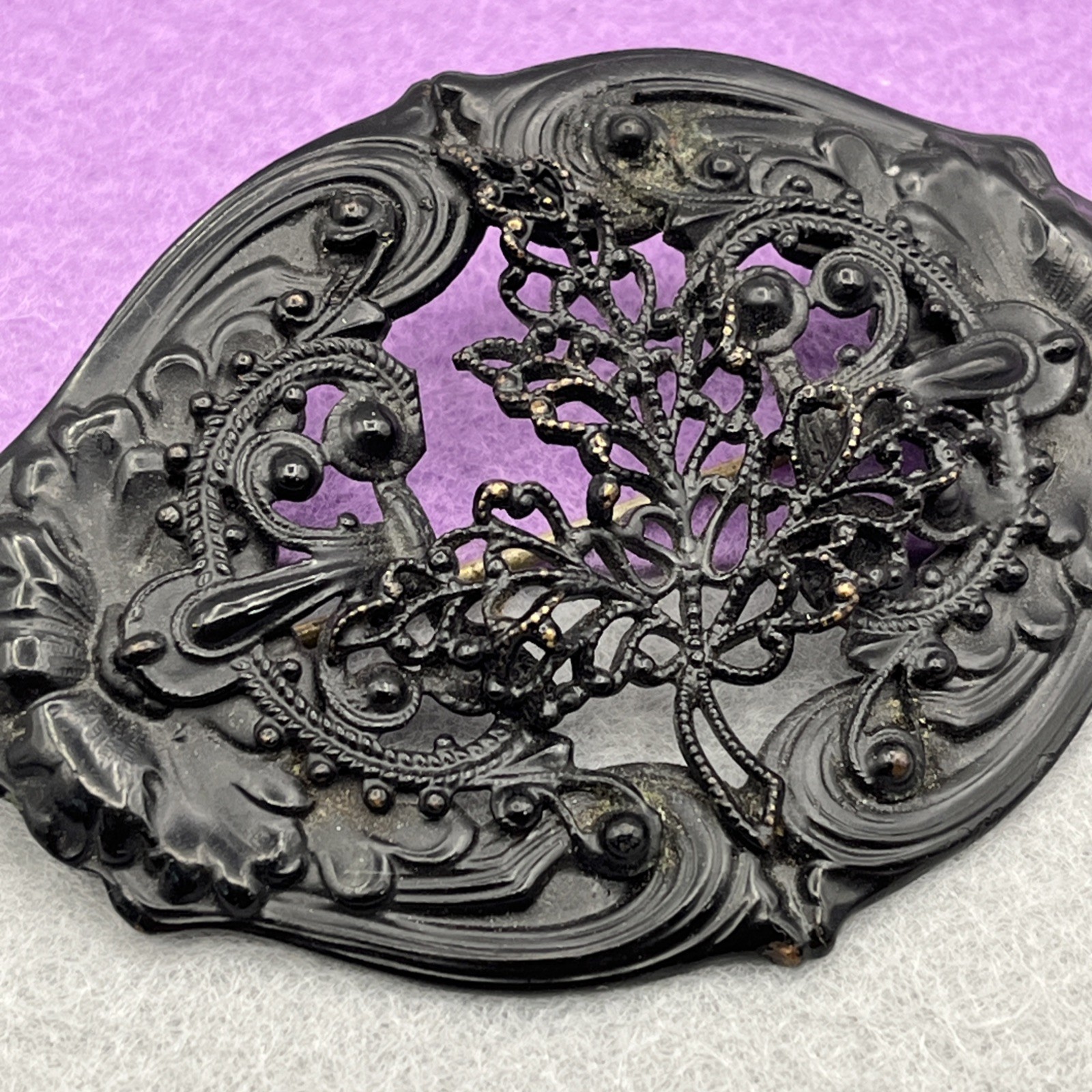 Antique Victorian Era Berlin Iron Style Mourning Brooch Filigree Scrools 2.75″