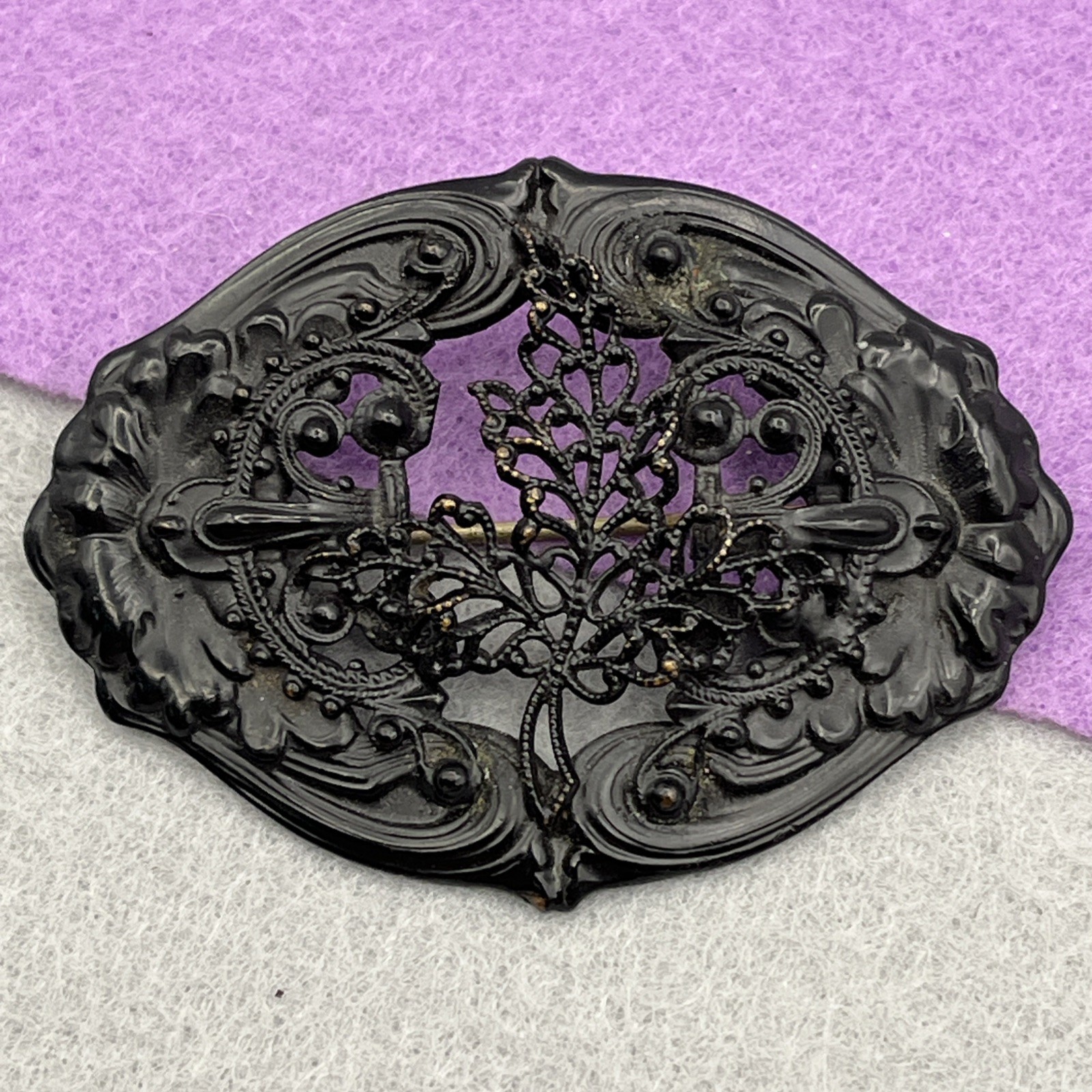 Antique Victorian Era Berlin Iron Style Mourning Brooch Filigree Scrools 2.75″