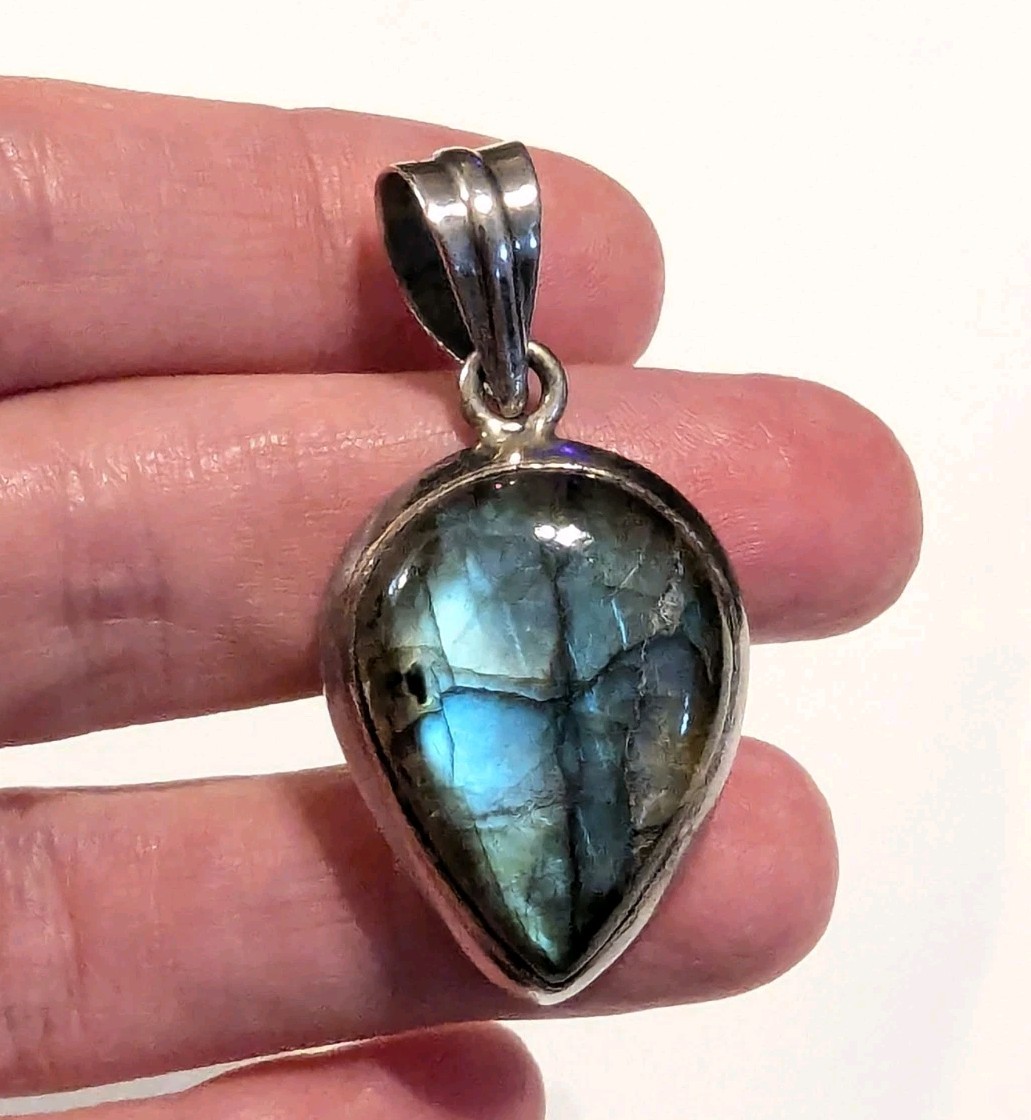 Vintage 925 Silver Abalone Shell Pendant Mother Pearl Statement Boho READ