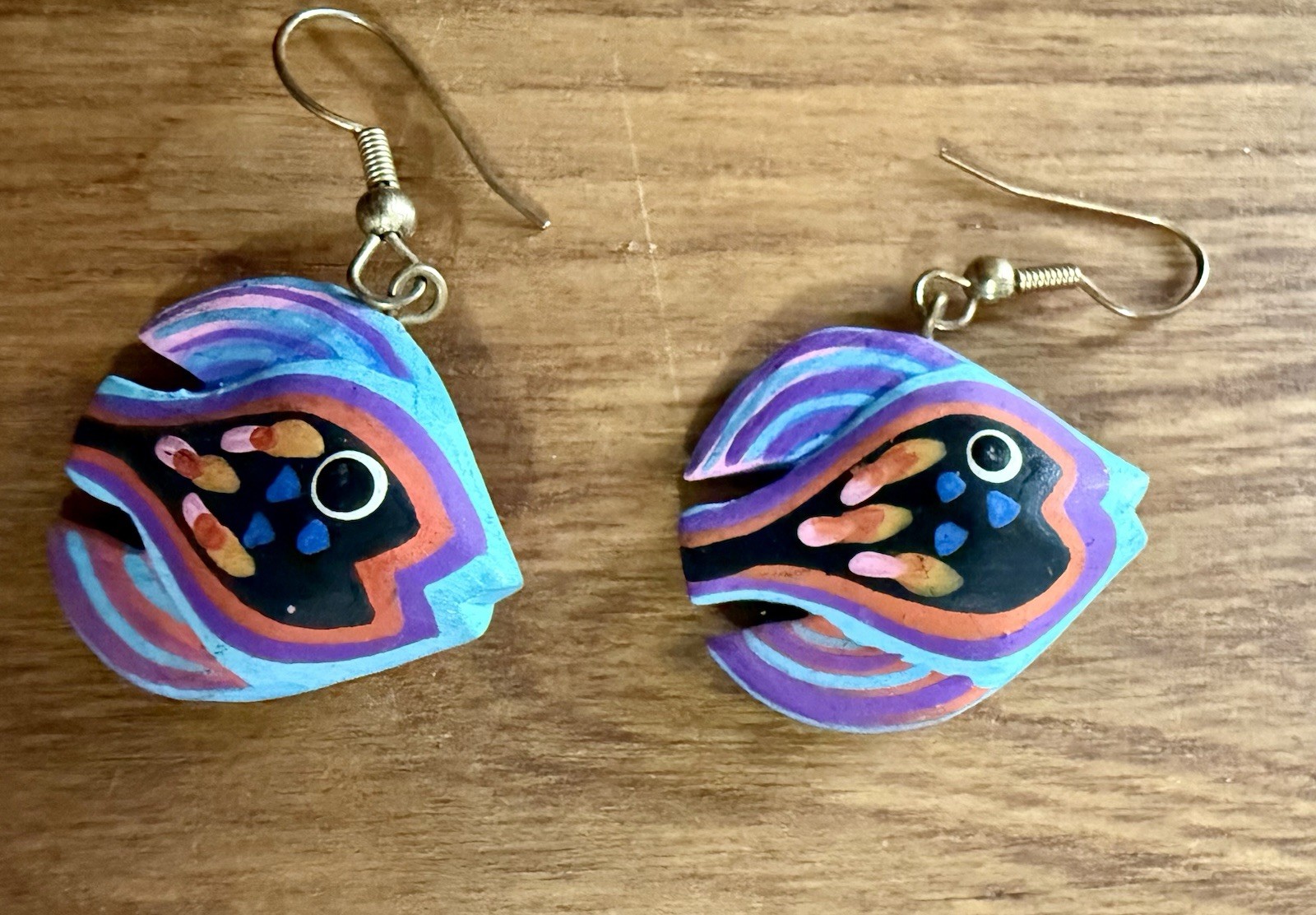 Vintage Hand-painted Wooden Blue Tropical Fish Dangle Earrings