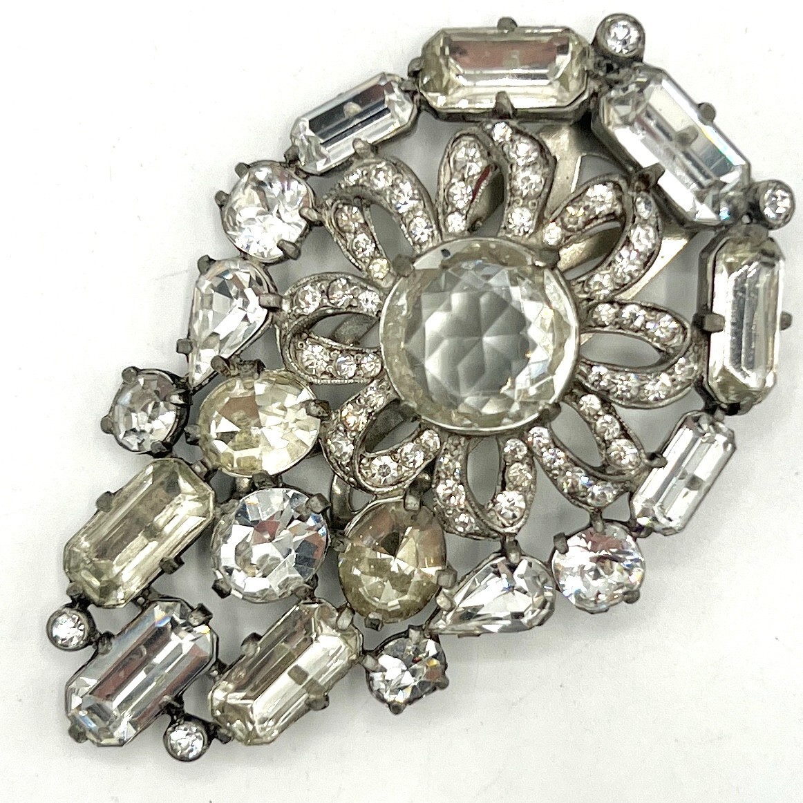 Vintage Eisenberg Original Signed Clear Rhinestone Dress Clip Art Deco Pot Metal