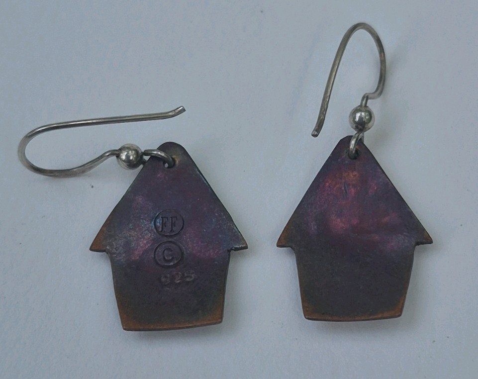 Vintage Estate Sterling Silver / Copper Dog Doghouse Dangle Earrings 925 Signed