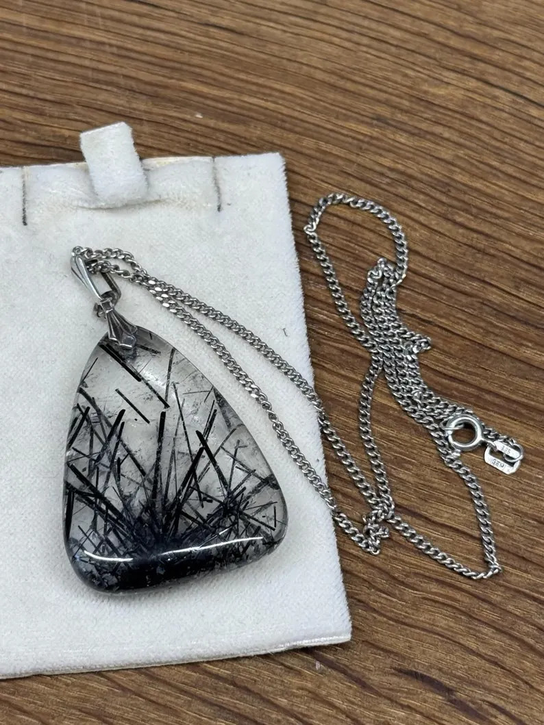 antique large rutilated tourmaline quartz pendant with chain necklace 835 silver