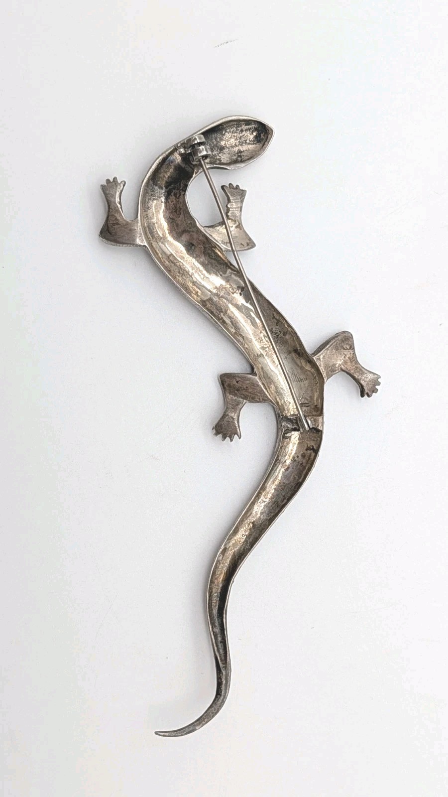5½” Long Vintage Sterling Silver Marcasite Lizard Gecko Red Eyes Pin Brooch 30g