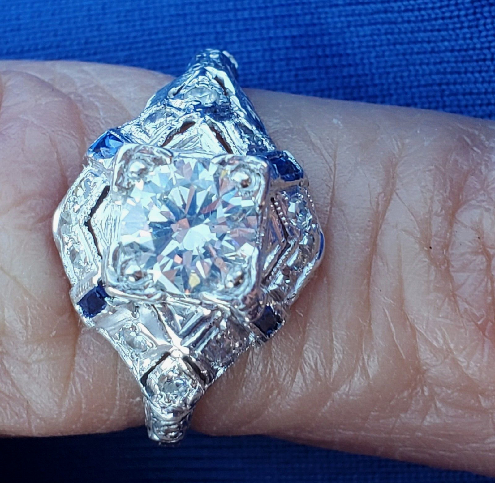 Original EARTH MINED DIAMOND Deco Engagement Ring 1 ct Vintage PLATINUM Sapphire