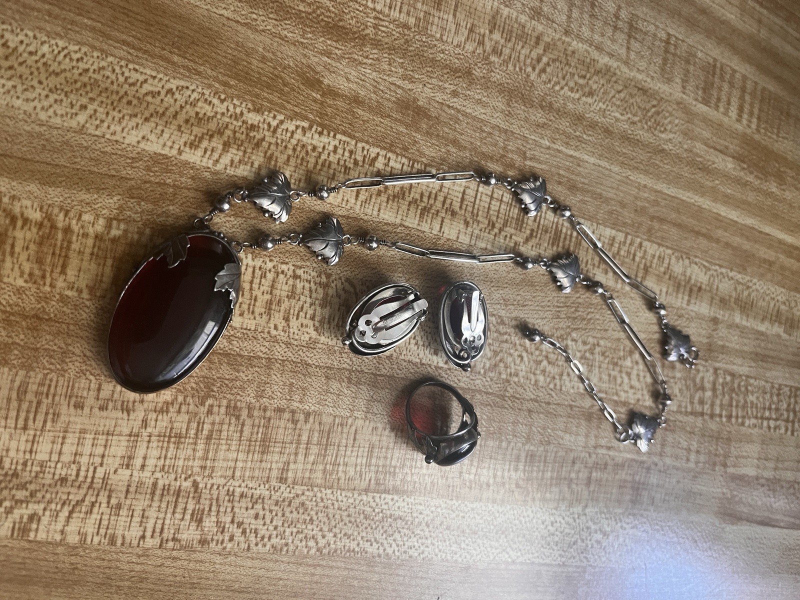 Silver Tone Red Oval Glass Stone Necklace Ring Earrings Jewelry Set for Women