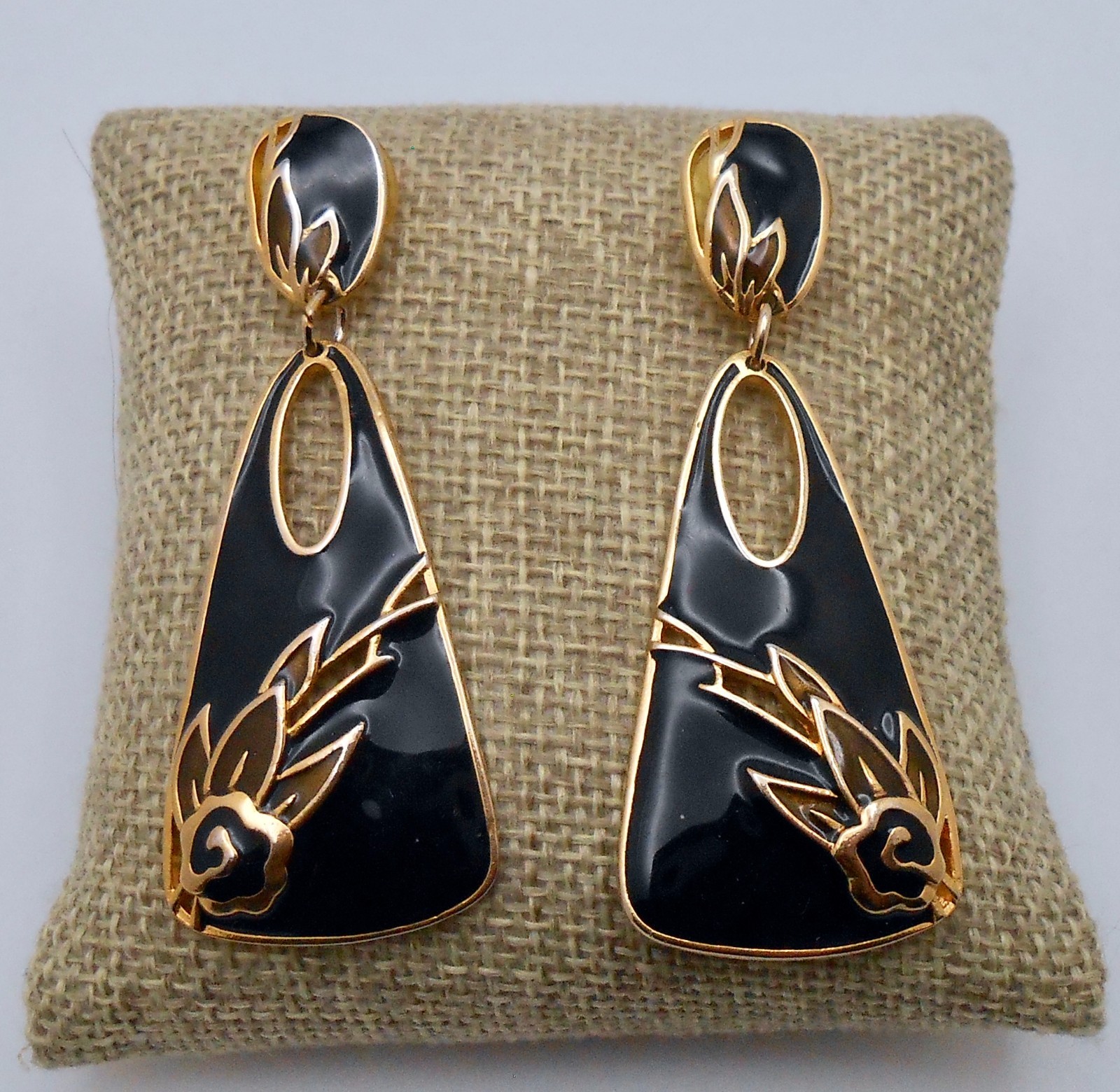 Vintage EDGAR BEREBI Signed Black Enamel Dangle Drop Pierced Post Earrings E50