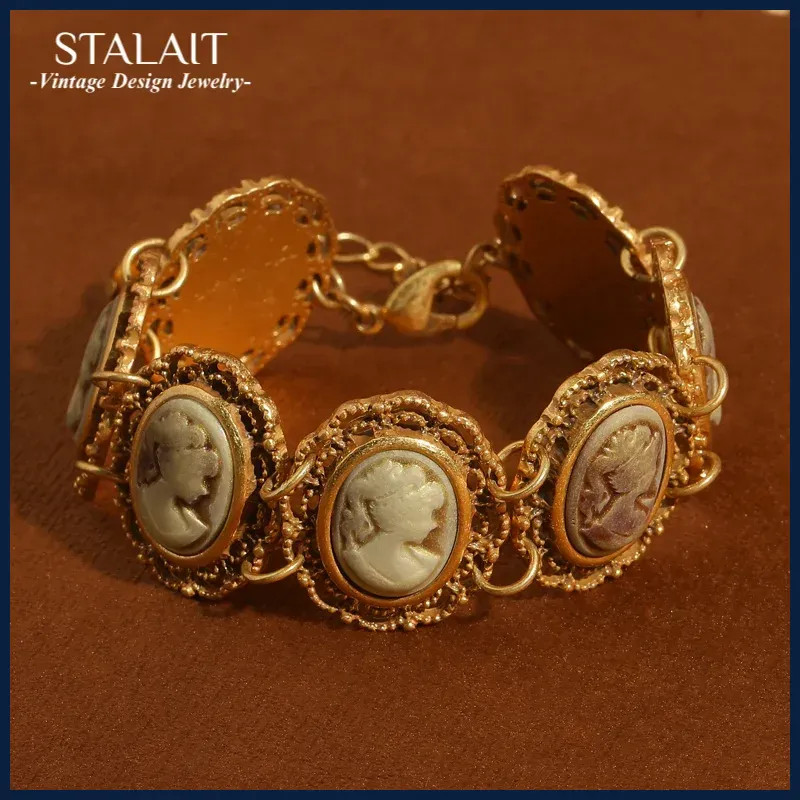 Vintage Cameo Portrait Bracelet Retro Gold Color Hollow Charm Bangle for Women